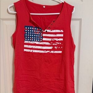 Red Sleeveless Henley Tank with Distressed Flag Print